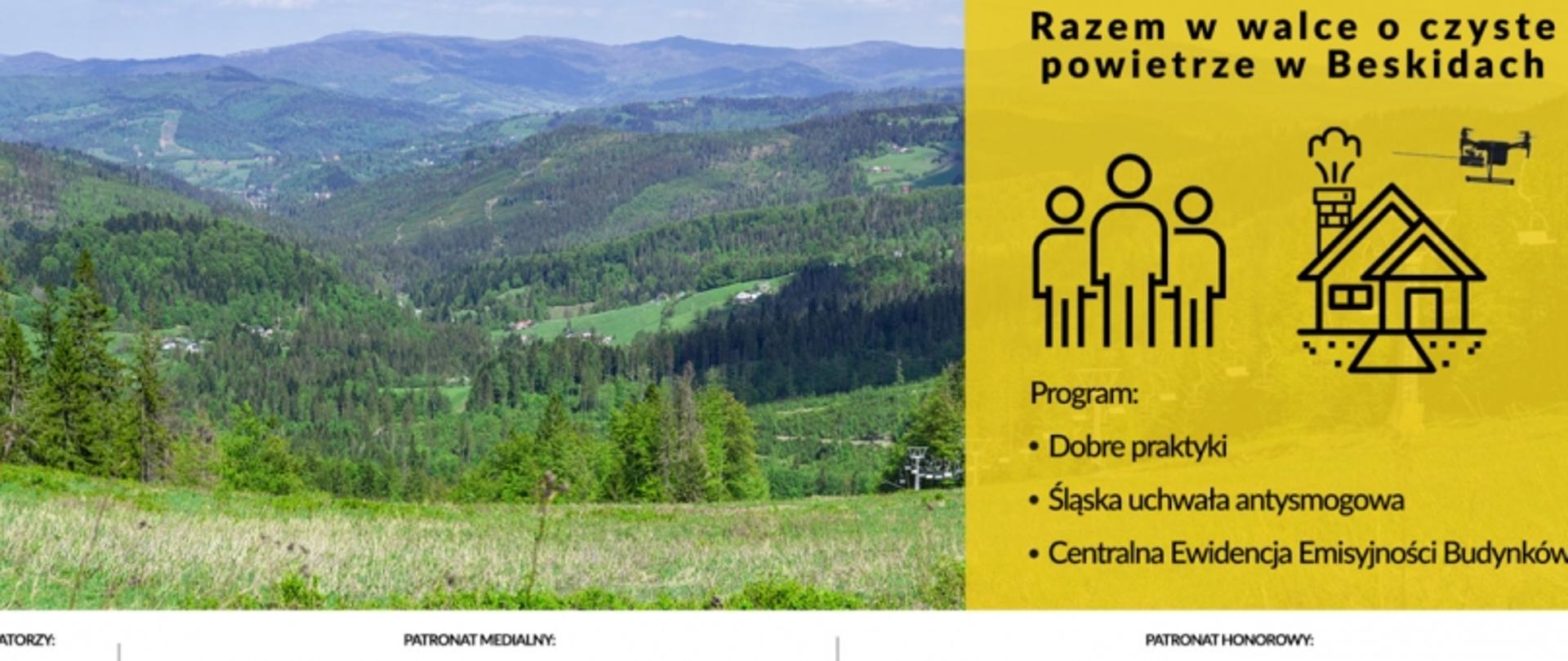 Plakat promujący działania na rzecz czystego powietrza w Beskidach z krajobrazem górskim i informacjami o programie.