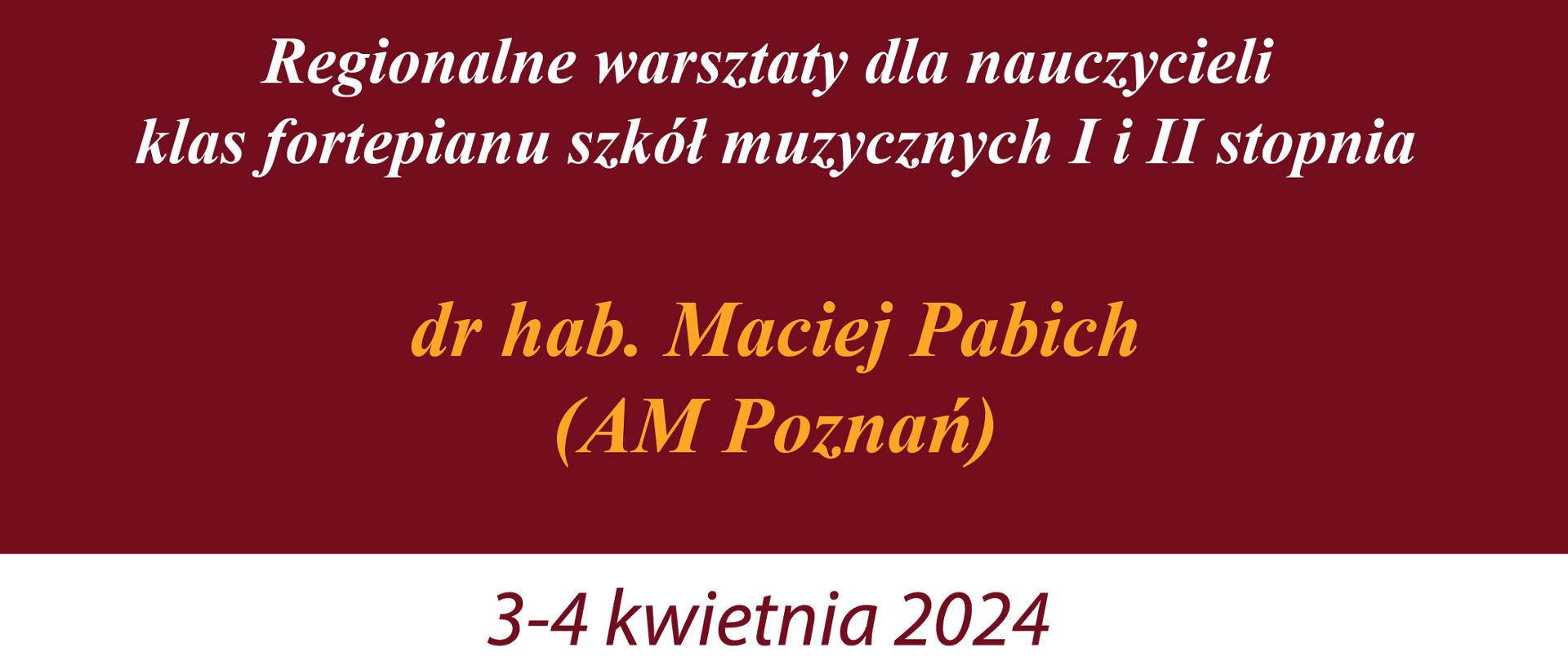 plakat na brązowym tle biały napis regionalne warsztaty dla nauczycieli klas fortepianu, poniżej żóltym kolorem informacja o prowadzącym warsztaty i terminach 