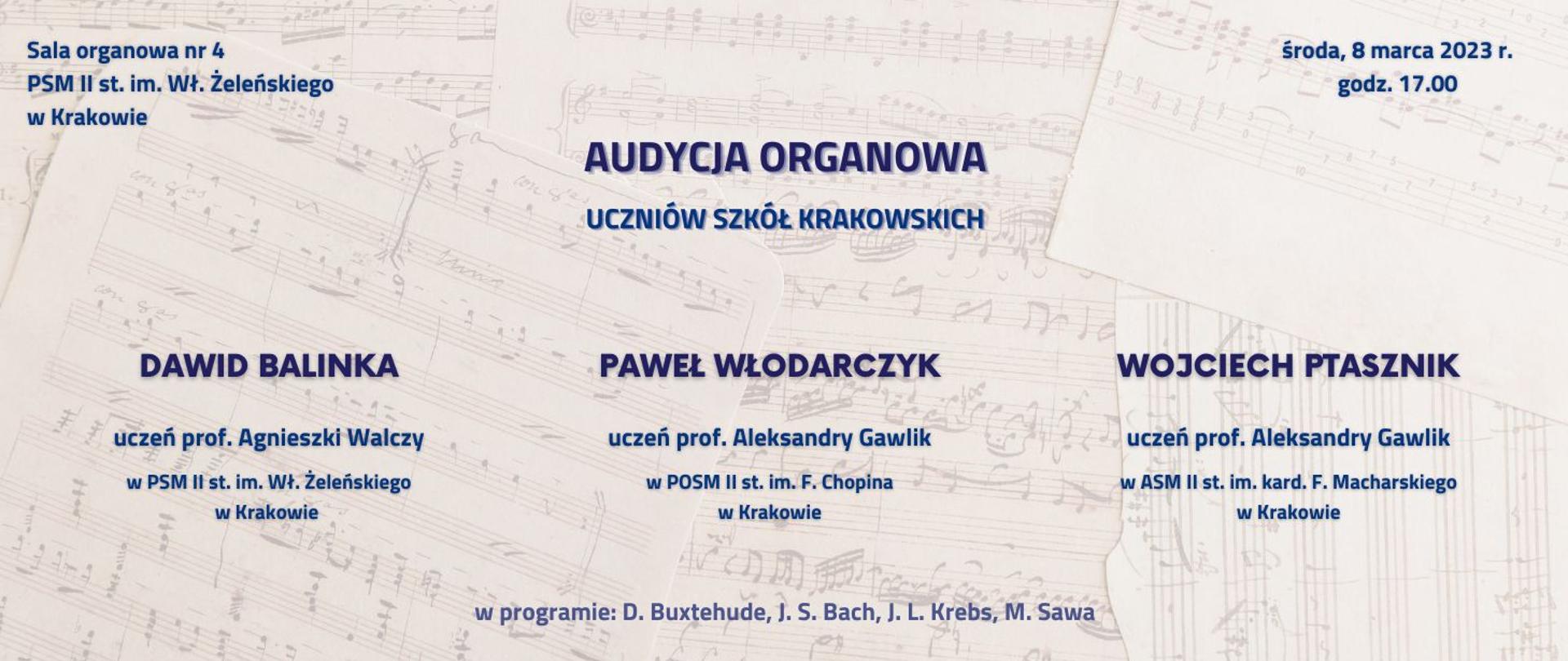 na popielatym tle z nutami napis niebieski audycja organowa 8.03.2023