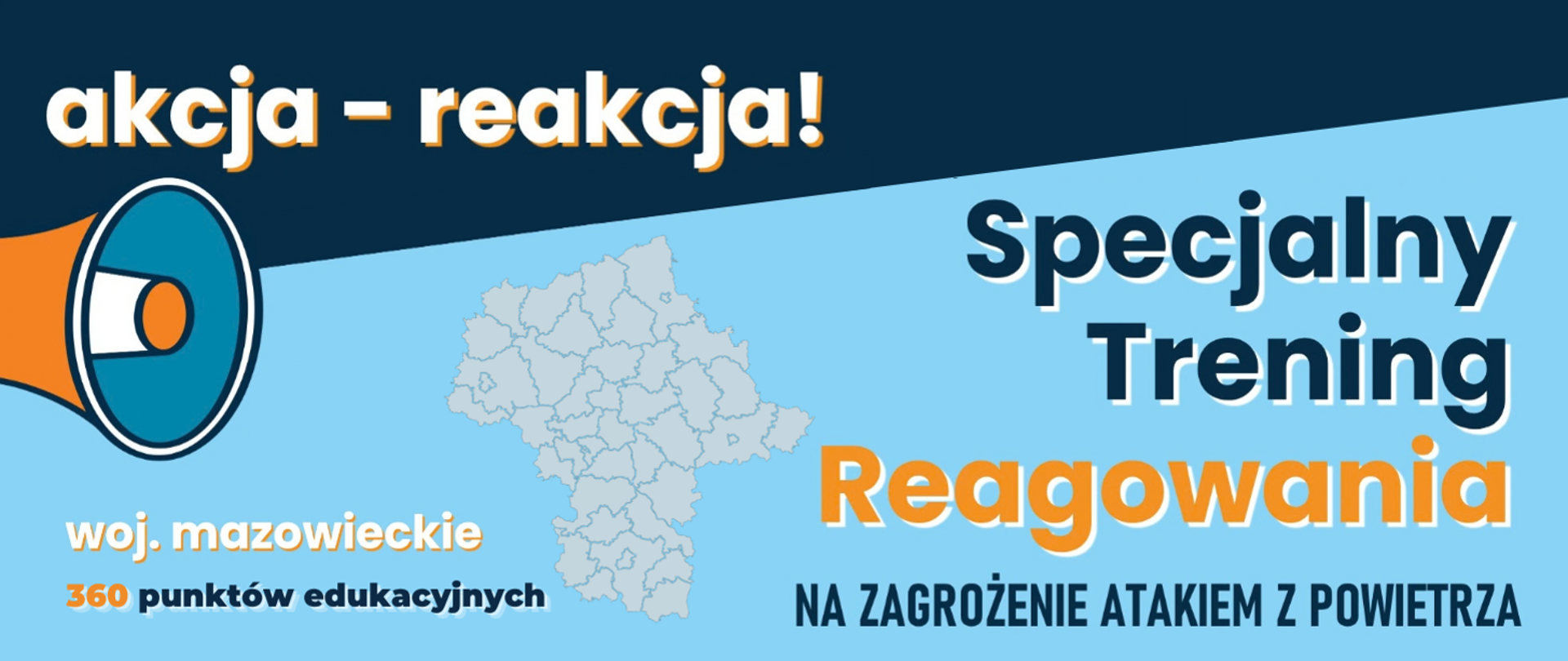 Baner promujący specjalne szkolenie z zakresu reagowania na atak powietrzny w województwie mazowieckim, przedstawiający megafon oraz mapę regionu.