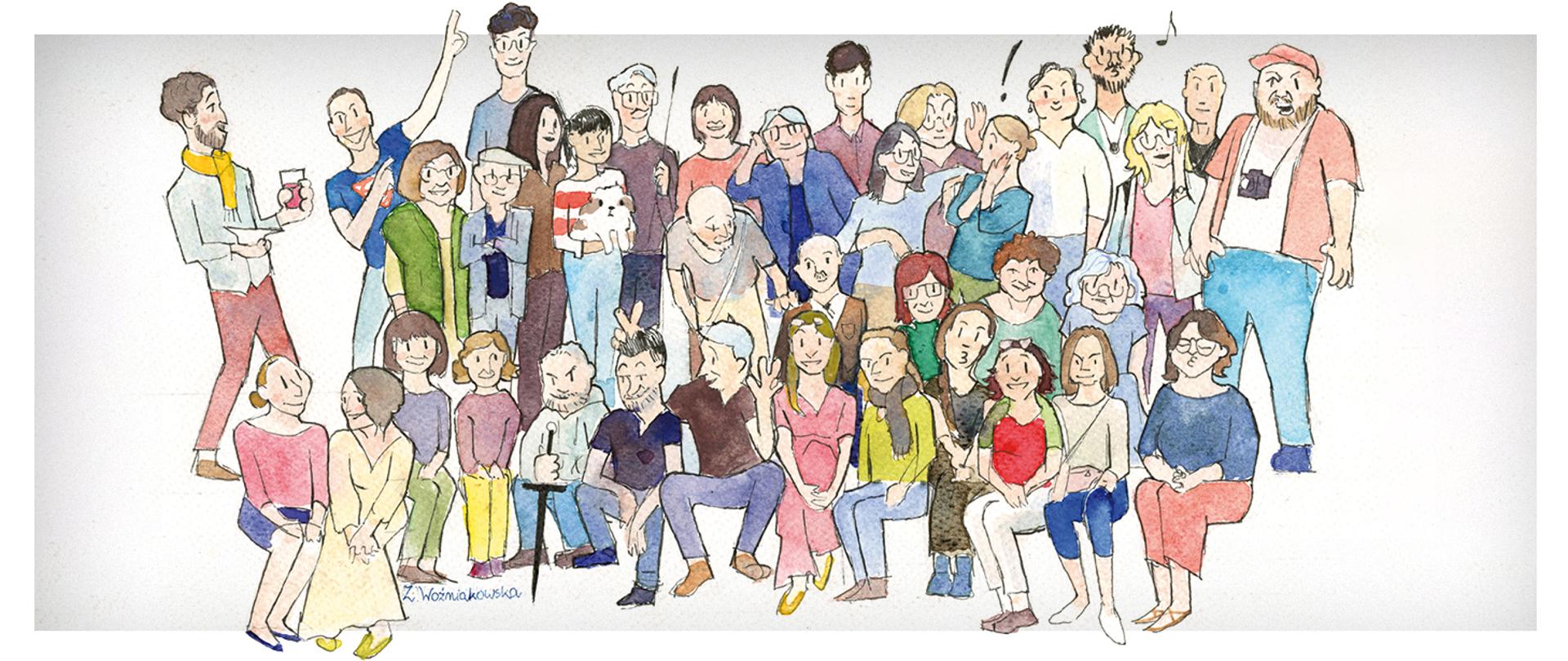 Nauczyciele PLSP przedstawieni w formie rysunkowych podobizn