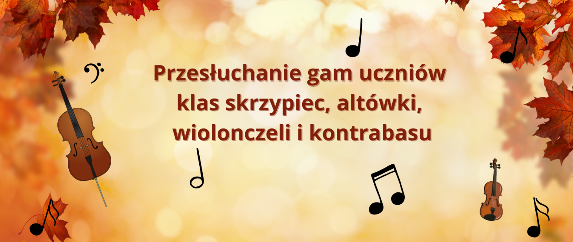 baner na jesiennym tle, na środku napis, wokół ikony skrzypiec i nuty