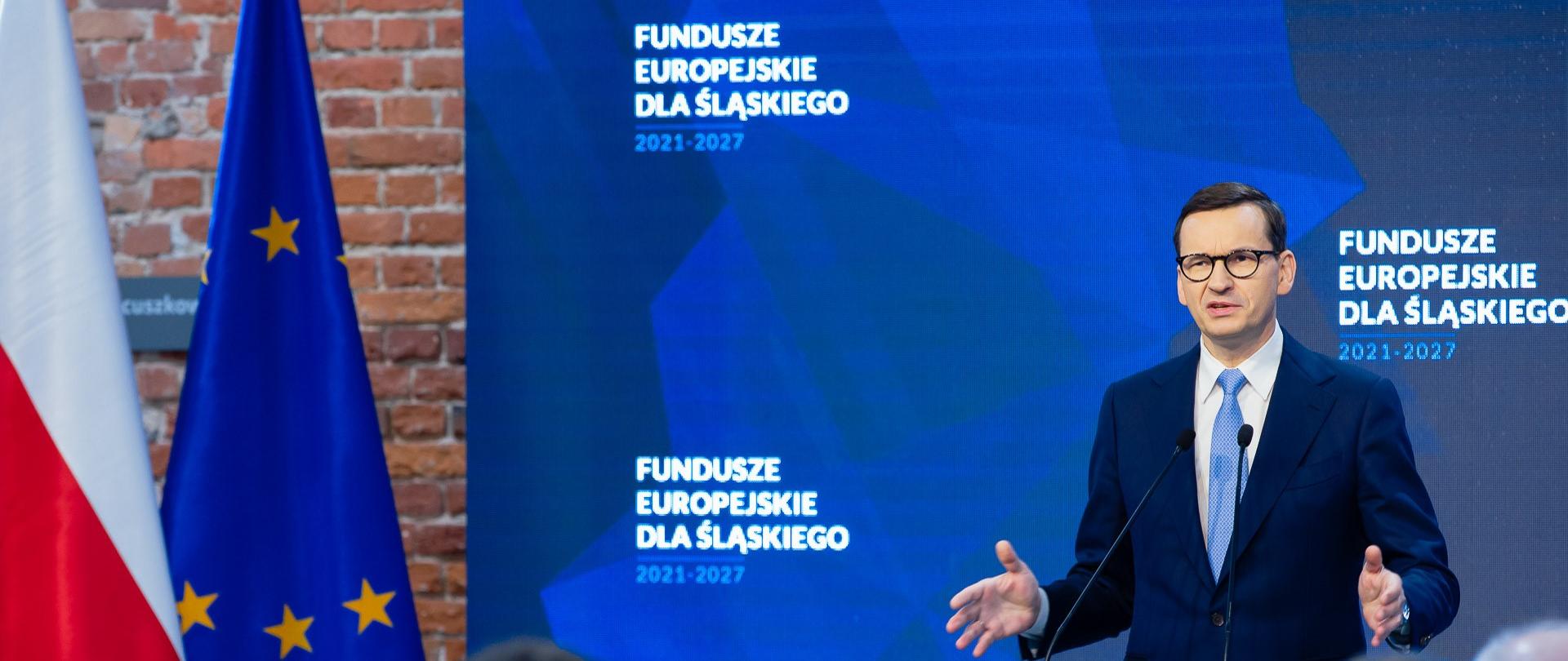 Premier Mateusz Morawiecki podczas spotkania "Fundusze Europejskie dla Śląska" w Zabrzu.