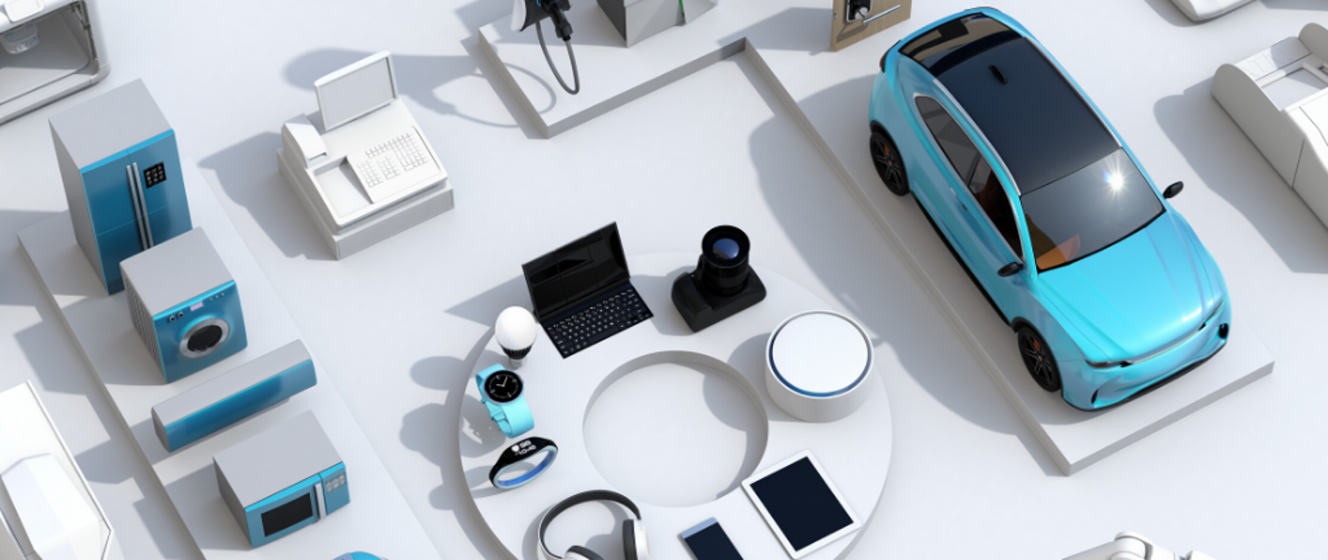 Rzut z góry na grafikę 3D, wykonana w kolorystyce biało-niebiesko-czarnej, przedstawiającą elementy IoT