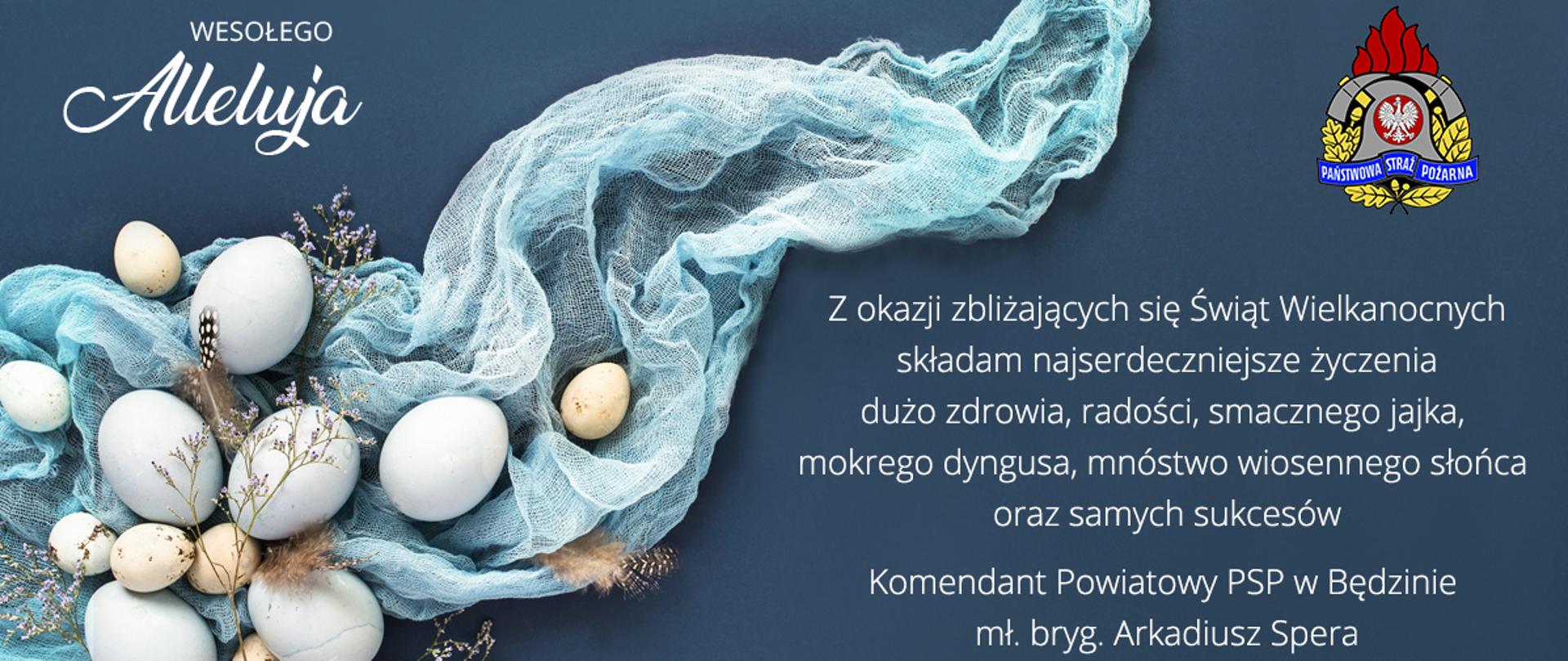 Zdjęcie przedstawia kartkę z życzeniami Wielkanocnymi. Na niebieskom tle po lewej stronie znajduje się kilkanascie pisanek wielkanocnych z ozdobami świątecznymi. W lewym górnynm rogu znajduje się napis Wesołego Alleluja, w prawym górnym rogu logo Państwiowej straży Pożarnej. Z prawej strony zdjęcia znajdują się życzenia Komendanta Powiatowego Państwowej Straży Pożarnej w Będzinie mł.bryg. Arkadiusza Spery: Z okazji zbliżających się Świąt Wielkanocnych skłądam najserdeczniejsze życzenia oraz dużo zdrowia, radości, smacznego jajka, mokrego dyngusa, mnóstwo wiosennego słońca oraz samych sukcesów