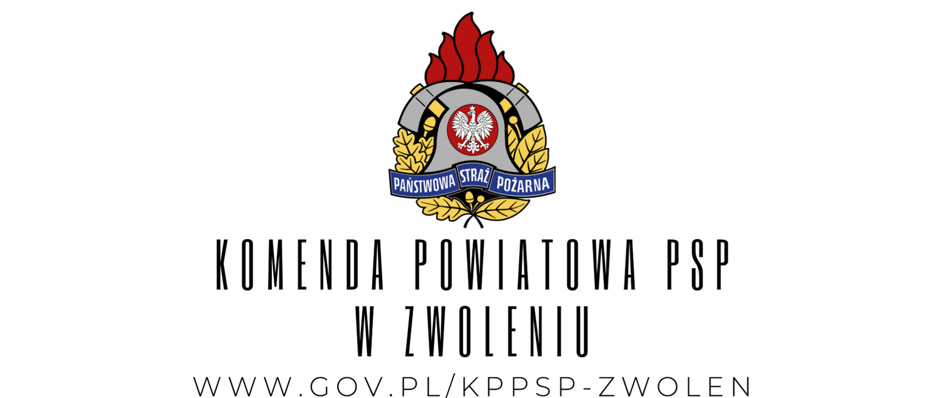 Logotyp Komendy Powiatowej Państwowej Straży Pożarnej w Zwoleniu, znajdujący się w tle, zawiera godło PSP (hełm strażacki z orłem w koronie, otoczony płomieniami i liśćmi) oraz czarny tekst "KOMENDA POWIATOWA PSP W ZWOLENIU" i adres strony internetowej "WWW.GOV.PL/KPPSP-ZWOLEN".