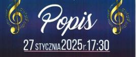Plakat z wydarzeniem - Popisem uczniów klasy akordeonu p. Ewy Markiewicz i klasy fortepianu p.Anny Saramy, który odbędzie się w auli ZPSM w Dębicy w dniu 27 stycznia 2025r. o godz. 17:30, plakat u góry ma białe tło na nim znajdują się szkice akordeonu i fortepianu, w połowie plakatu kolor niebieski przechodzący w fiolet, po lewej i prawej stronie umieszczono złoty klucz wiolinowy, napisy w kolorze białym