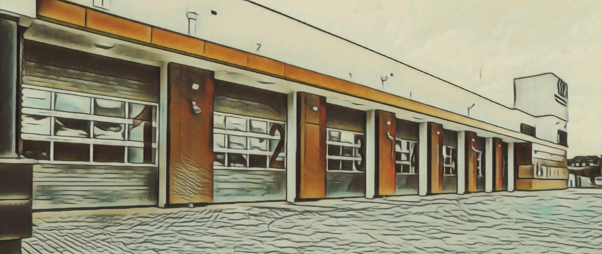 Akwarela przedstawiająca frontową część remizy strażackiej