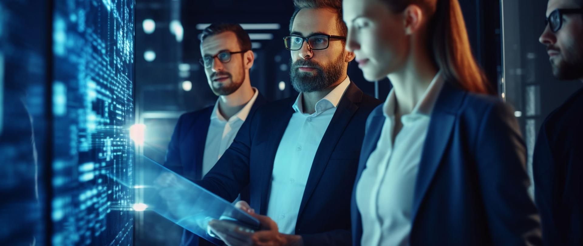 Dwóch mężczyzn i jedna kobieta patrzą na wirtualną tablicę.