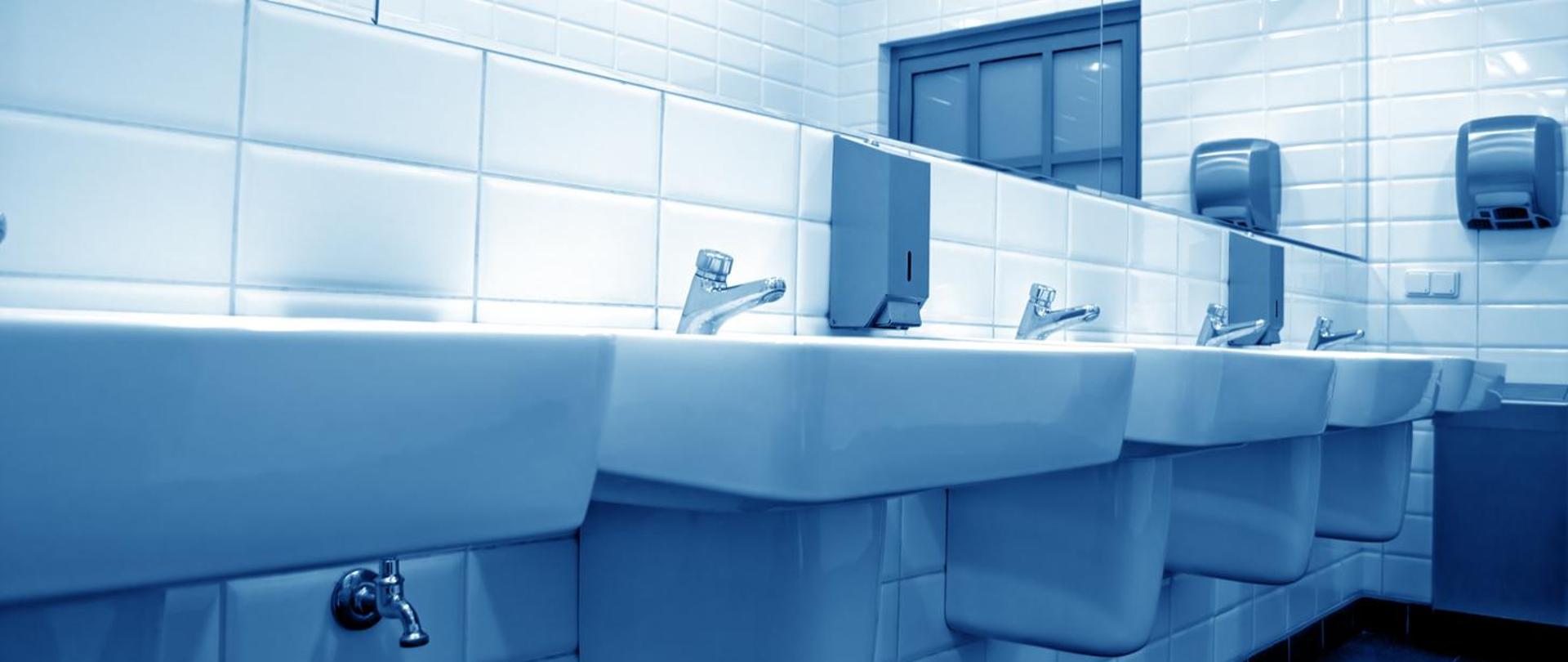 Zdjęcie przedstawia rząd umywalek w publicznej toalecie 