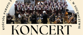 W centrum plakatu zdjęcie przedstawiające chór i orkiestrę szkolną podczas koncertu. Napis KONCERT