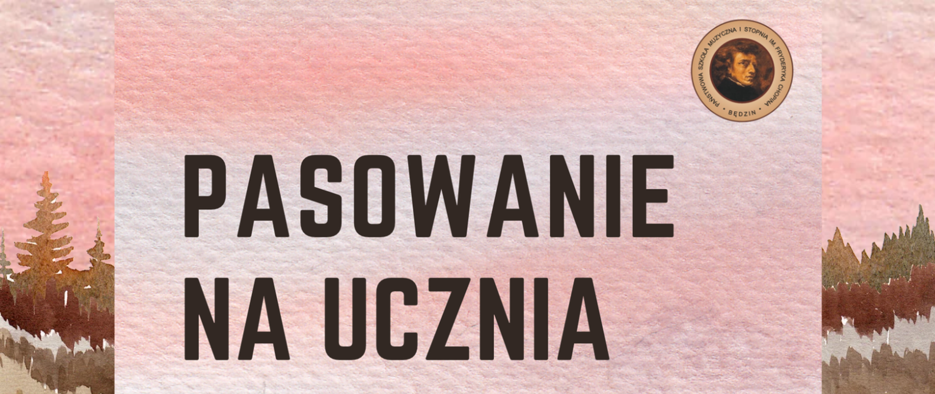 baner na pastelowym tle, na środku napis, po prawej logo, po bokach kolorowe ikony drzew leśnych
