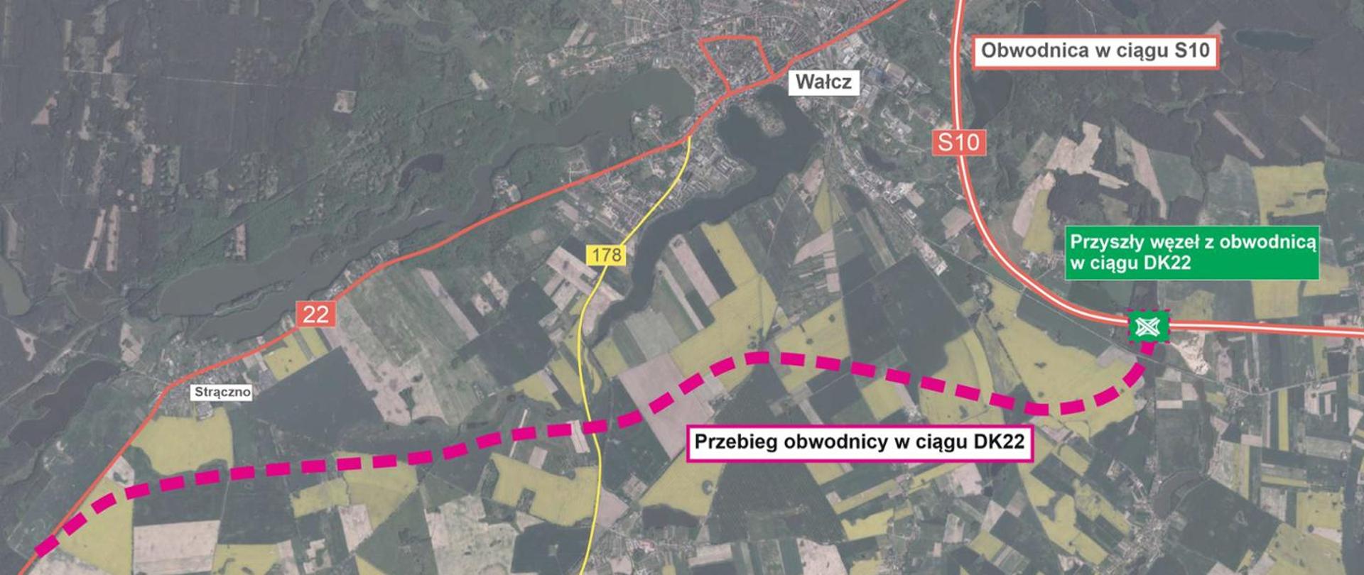 Przebieg obwodnicy Wałcza w ciągu DK22 naniesiony na zdjęcie satelitarne. Obwodnica omija od południa Strączno i Wałcz wpinając się do S10 na nowym węźle.