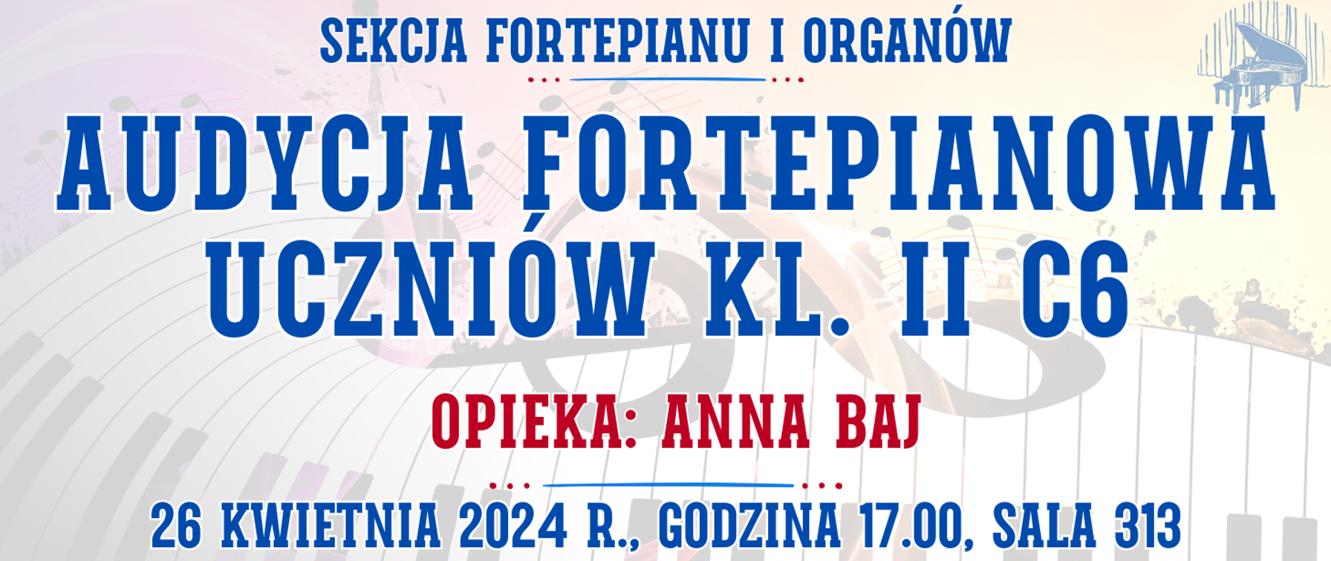 kolorowe tło z muzycznymi elementami typu clipart oraz informacja o wydarzeniu