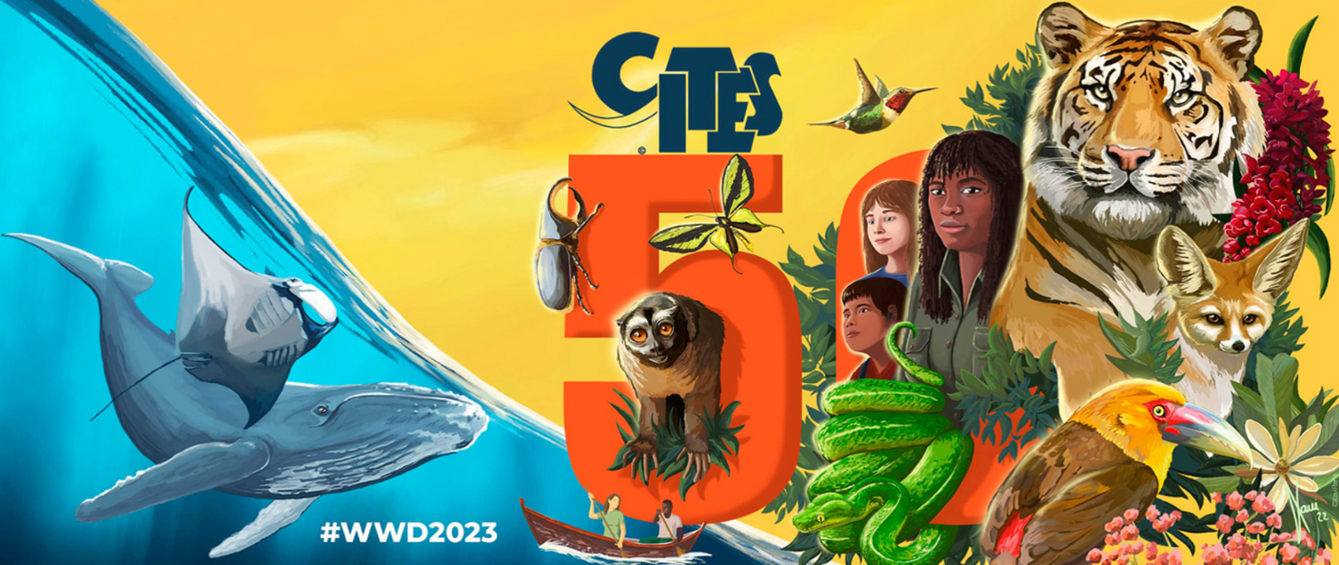 Kolorowy rysunek z różnymi gatunkami zwierząt, w tym ptaki, ssaki, ryby oraz ludzie o różnych kolorach skóry. W centralnej części napis 50 CITES, a w lewym dolnym rogu #WWD2023