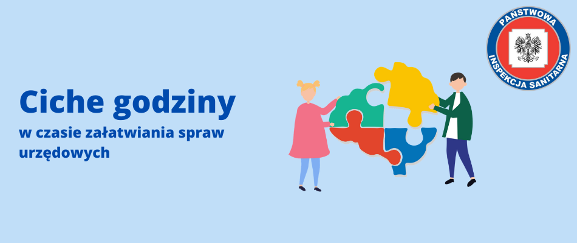 W centrum banneru widnieje ilustracja kobiety i mężczyzny składających z 4 puzzli model mózgu. U góry po lewej stronie widnieje tytuł "Ciche godziny w czasie załatwiania spraw urzędowych". Po prawej stronie u góry widnieje logo z napisem "PAŃSTWOWA INSPEKCJA SANITARNA".