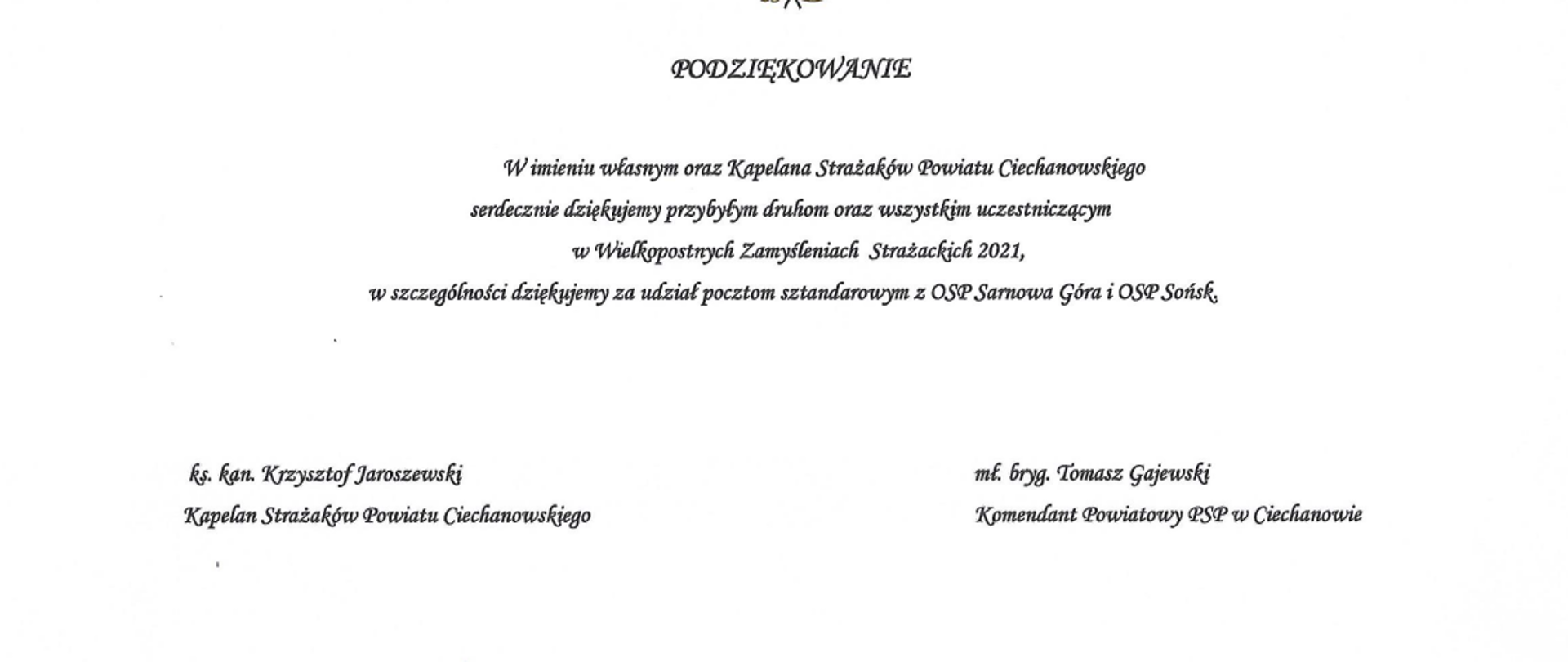 Podziękowanie za udział w Wielkopostnych Zamyśleniach Strażackich 2021.