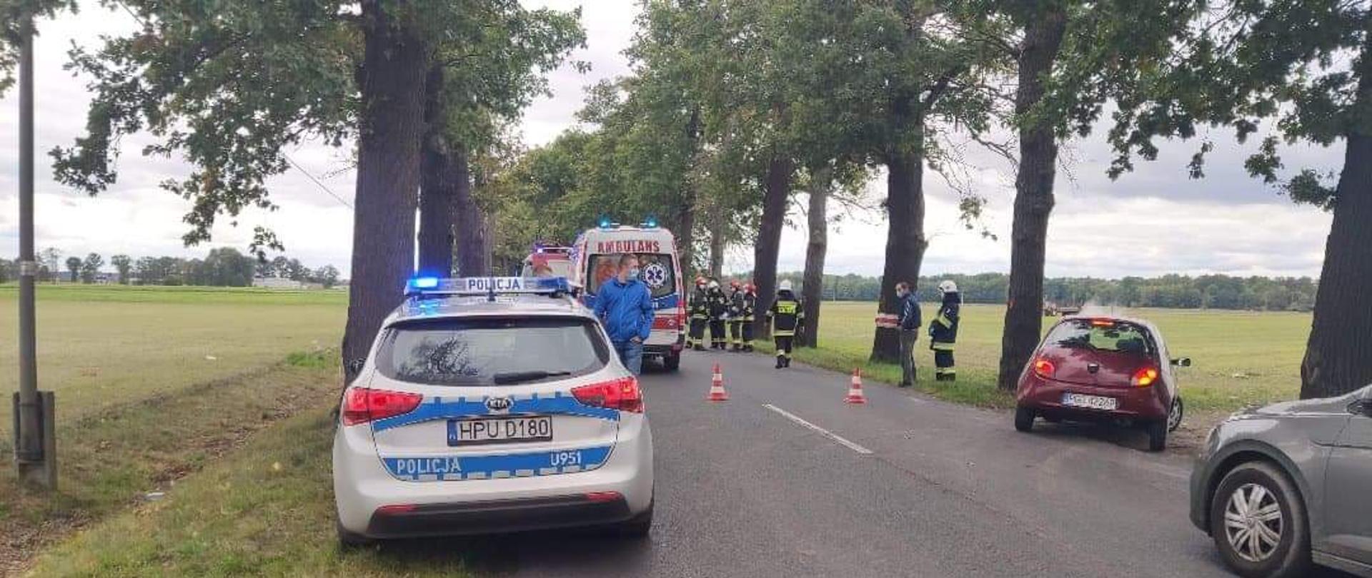 Na pierwszym planie radiowóz policyjny, w tle pogotowie ratunkowe. Po prawej stronie samochody osobowe osób postronnych. Całość akcji dzieje się na drodze. Z tyłu stoją strażacy oraz osoby postronne.