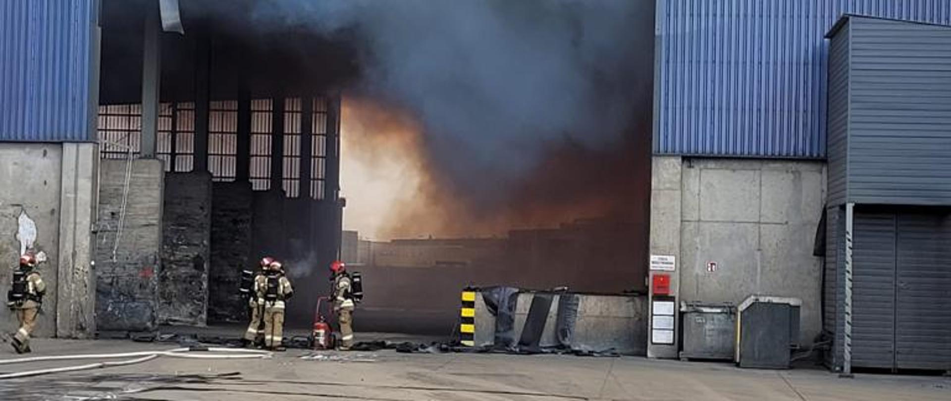 Strażacy Państwowej Straży Pożarnej w umundurowaniu bojowym z czerwonymi hełmami na głowach oraz aparatami ochrony układu oddechowego gaszą pożar w hali magazynowej odzysku odpadów nieorganicznych w Skarbimierzu.
Z szczytu hali wydobywa się gęsty szary dym. Przed halą plac z płyt betonowych.