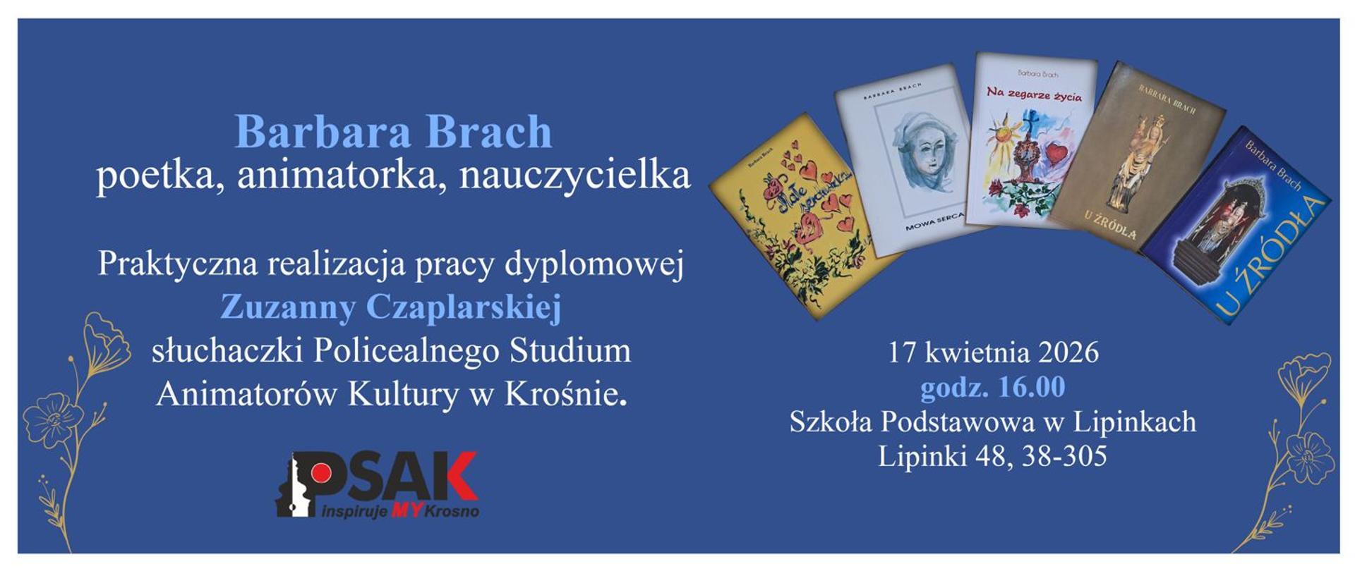 Plakat informujący o pracy dyplomowej słuchaczki studium Zuzanny Czaplarskiej. Tło plakatu jest granatowe a na nim informacje o pracy dyplomowej.