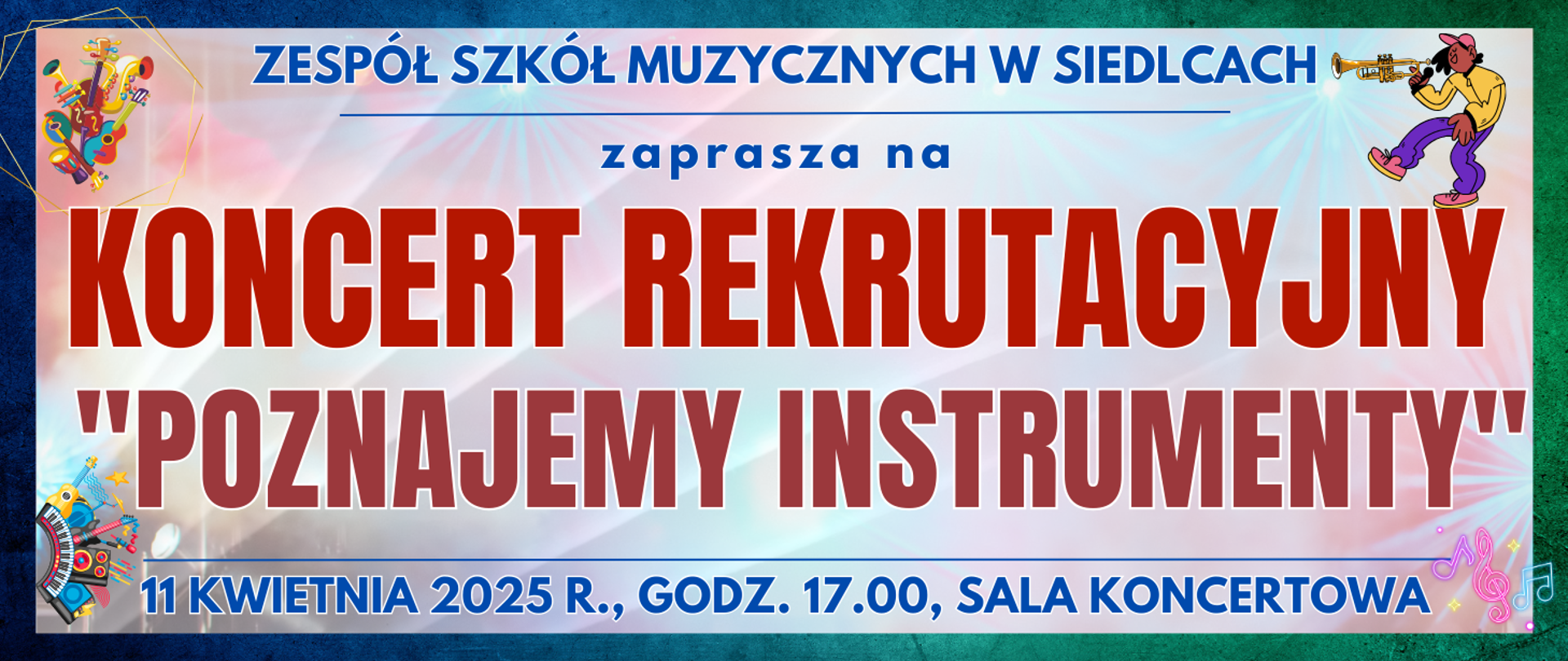 baner z ciemną ramką, jasne kolorowe tło w środku z elementami muzycznymi typu clipart oraz informacja o wydarzeniu