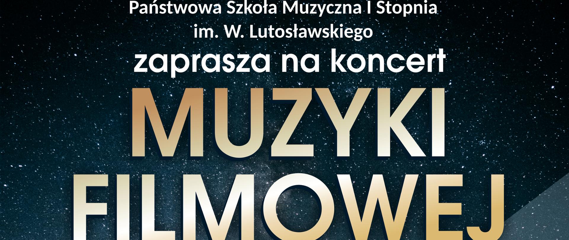 Plakat zapraszający na koncert muzyki filmowej, który odbędzie się 30.11.2023 roku o godzinie 17:00 w Nowotomyskim Ośrodku Kultury. Na dole plakatu logo PSM I stopnia w Nowym Tomyślu oraz Nowotomyskiego Ośrodka Kultury oraz informacja o Wstępie wolnym; pośrodku plakatu grafika przedstawiająca kamerę oraz fortepian.