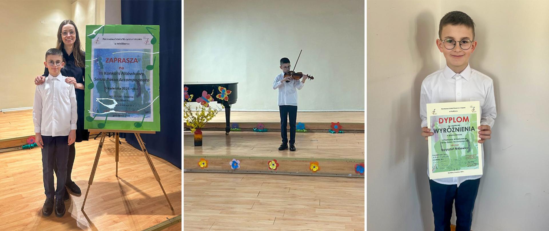 Collage trzech zdjęć, nauczycielka i uczeń stoją przy banerze konkursu, uczeń na scenie gra na altówce, uczeń stoi z dyplomem w rękach.