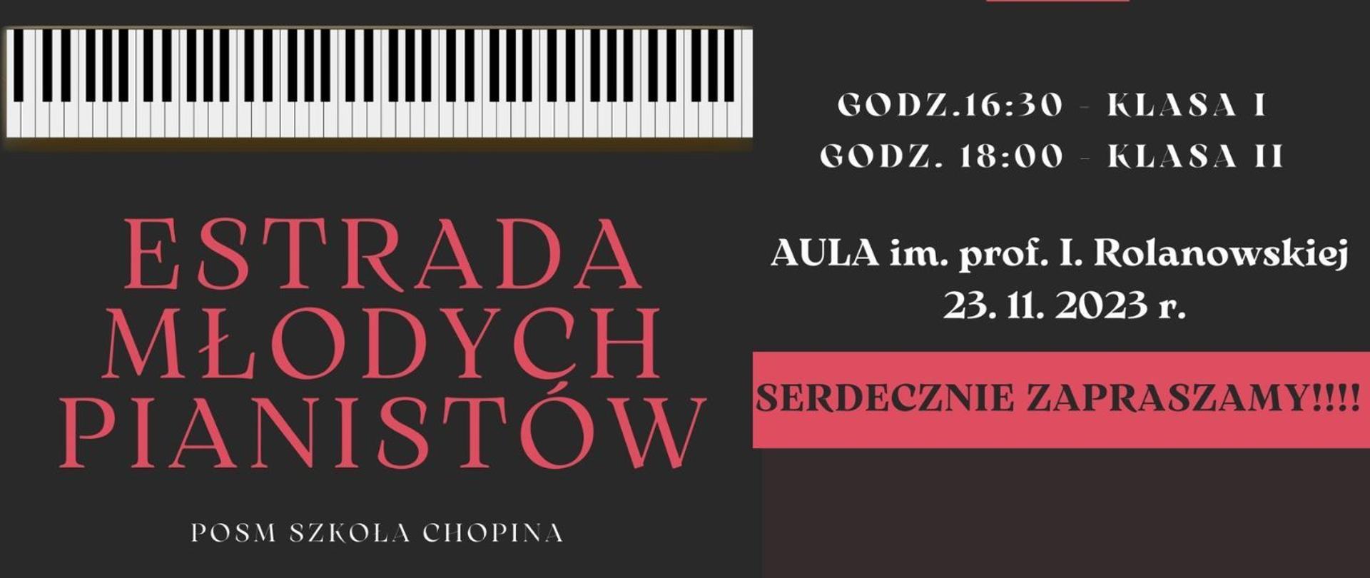 Baner; ciemne tło, klawiatura fortepianu w tle; tekst: Estrada Młodych Pianistów, POSM Szkoła Chopina, Aula im. I. Rolanowskiej, 23 . 11. 2023 r.