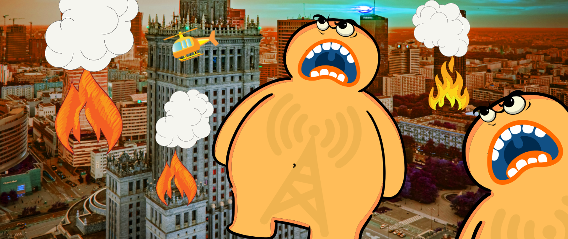 Grafika przedstawia dwa grube, pomarańczowe, olbrzymie potwory idące przez Warszawę. Na ich brzuchach widoczne symbole masztów telekomunikacyjnych. W mieście widoczne pożary niektórych budynków.