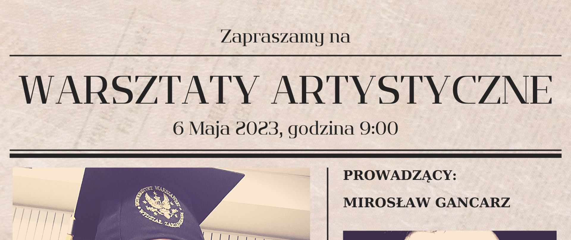 Plakat ze zdjęciami prowadzącego w formacie gazety, w kolumnach szare liternictwo na beżowym tle.