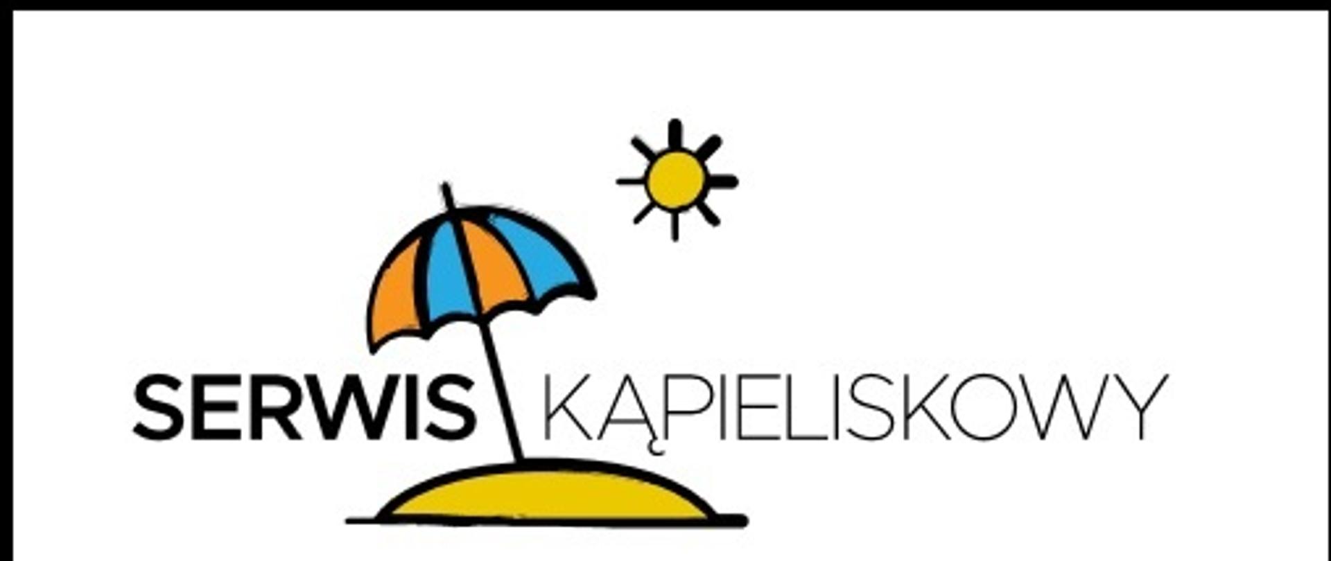 Na logo widać wyspę z kolorowym parasolem na białym tle. Na górze jest słońce. Na środku obrazu widać napis SERWIS KĄPIELISKOWY