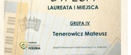 Dyplom Laureata I Miejsca dla Mateusza Tenerowicza na konkursie akordeonowym Fermata. 