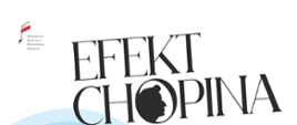 Na bannerze dominuje białe tło, na którym umieszczono duży, stylizowany napis „EFEKT CHOPINA”. W słowie „CHOPINA” litera „O” została zastąpiona okrągłym emblematem przedstawiającym czarny profil ludzkiej twarzy w ujęciu bocznym, wpisany w czarny kontur koła. Po lewej stronie, w górnej części plakatu, znajduje się logotyp Narodowego Instytutu Fryderyka Chopina – delikatny symbol przypominający nutę z czerwonym pociągnięciem pędzla oraz towarzyszącym mu tekstem nazwy instytucji zapisanym drobną, elegancką czcionką. 