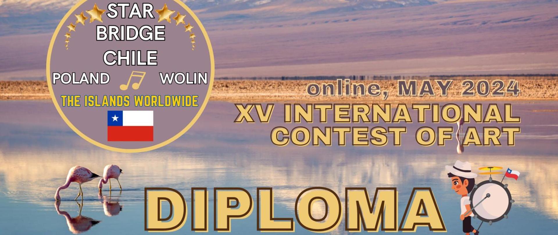 Dyplom, na górze zdjęcie przedstawiające widok na jezioro ze stojącymi flamingami, w oddali ośnieżone góry, na nim nazwa i logo konkursu oraz napis DIPLOMA, pośrodku na białym tle napisy czcionką czarną i czerwoną, poniżej podpis organizatora i na dola loga instyucji wspierających konkurs