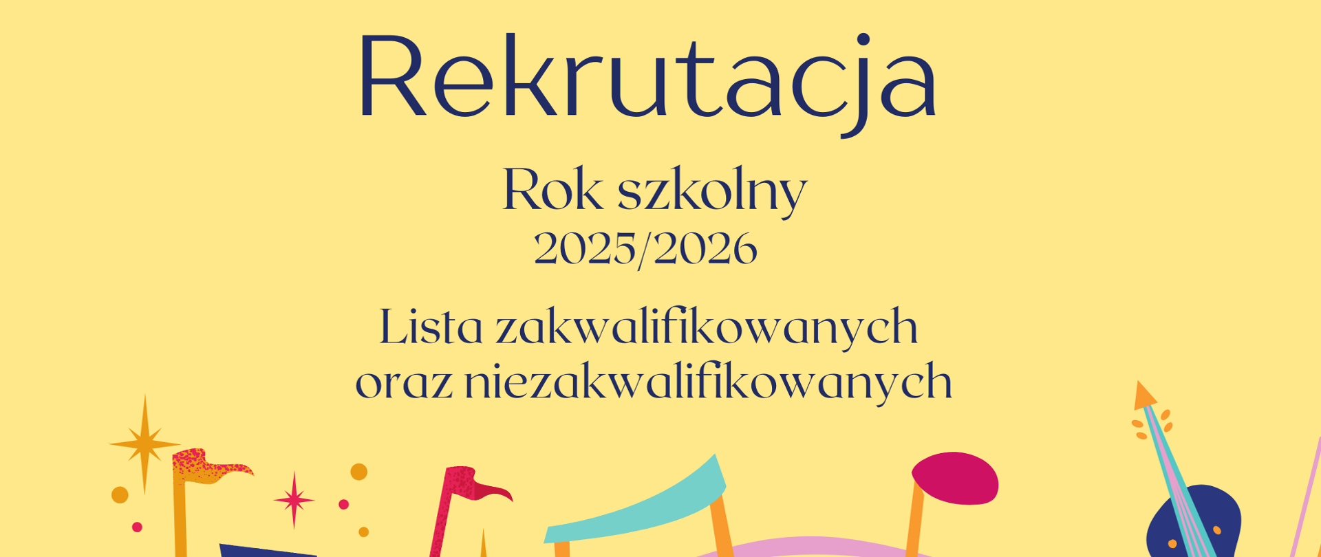czarne litery na żółtym tle, kolorowe instrumenty i nutki