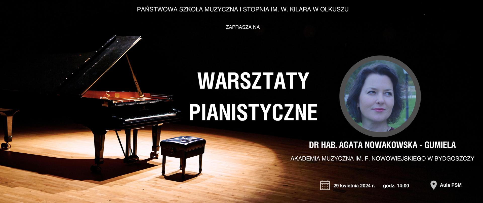 Z lewej strony fortepian z prawej zdjęcie artystki, czarne tło, białe napisy