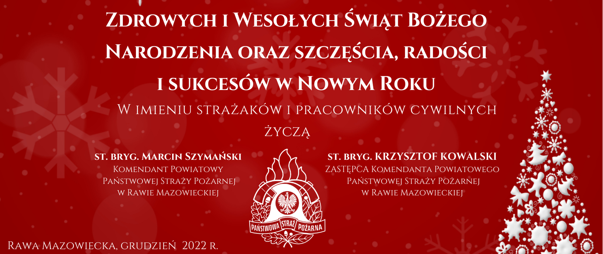 Na czerwonym tle życzenia świąteczne zapisane białą czcionką.