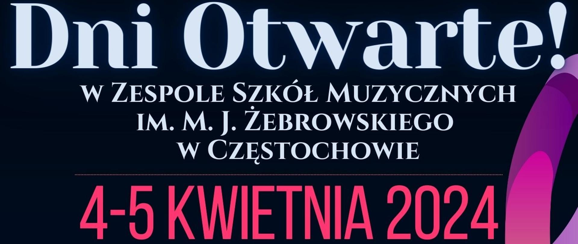 Granatowe tło, po prawej duży kolorowy klucz wiolinowy, informacje dotyczące dni otwartych szkoły w dniach 4-5 kwietnia 2024 r.