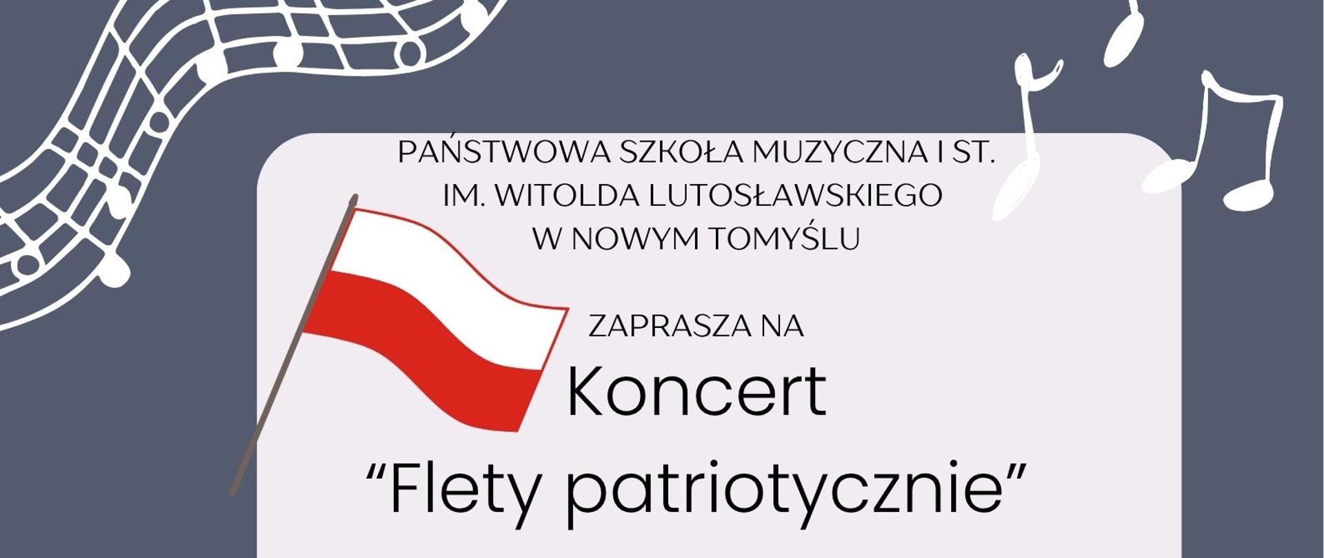 Plakat informujący o koncercie klasowym "Flety patriotycznie", który odbędzie się 21 listopada 2025 r. o godzinie 16:00. Plakat jest na granatowym tle z grafikami przedstawiającymi nuty oraz pięciolinie, pośrodku plakatu znajduje się jasnoniebieska ramka, w której znajdują się wszystkie informacje, a także grafika przedstawiająca Flagę Polski oraz flet poprzeczny. 