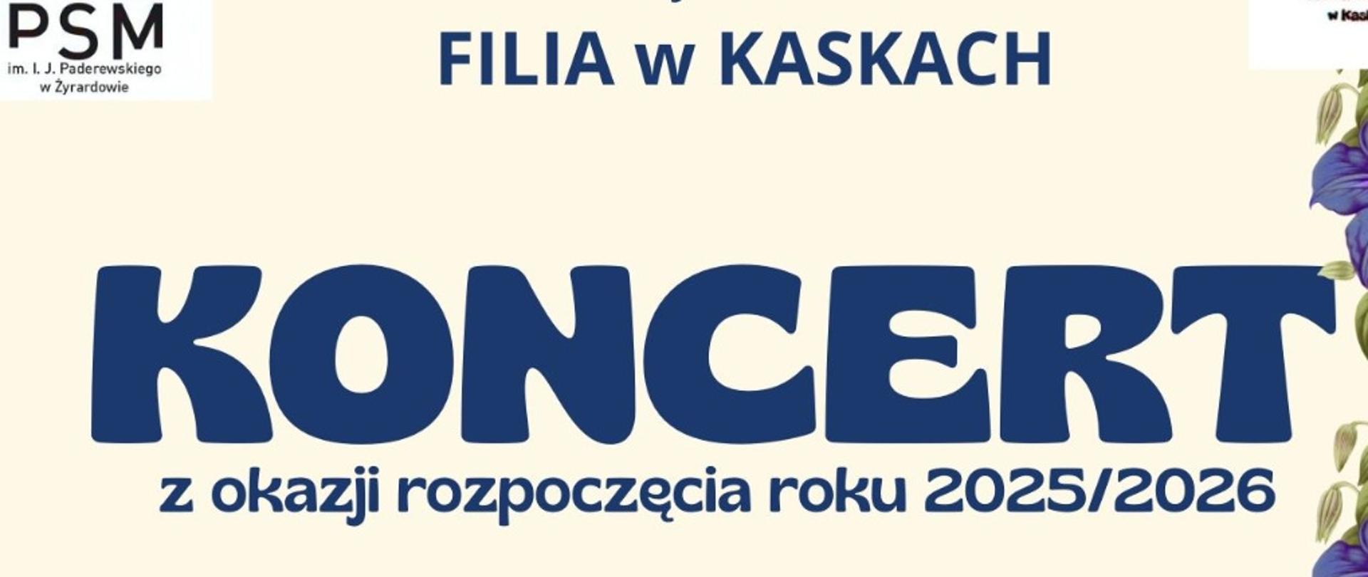Plakat ma jasne tło w odcieniach beżu, z ozdobnymi kwiatami w prawym dolnym rogu, które dodają mu elegancji. W tle dominuje kolor niebieski w nagłówku oraz w tekście, a informacje o wydarzeniu zostały wyraźnie podzielone na poszczególne sekcje.
Na plakacie ogłoszono koncert z okazji rozpoczęcia roku szkolnego 2025/2026 w PSM im. Ignacego Jana Paderewskiego w Żyrardowie. W górnej części plakatu widnieje napis "KONCERT z okazji rozpoczęcia roku 2025/2026".
W dalszej części wymienieni są artyści, którzy wystąpią podczas koncertu:
Lilianna Kuczek – skrzypce,
Michalina Byliniak – skrzypce (klasa prof. Justyny Barbulant),
Orkiestra smyczkowa PSM II st., którą poprowadzi Marcin Sochan (skrzypce, prowadzenie zespołu).
Podano również program koncertu:
A. Corelli – Concerto grosso D-dur op. 6 nr 4,
A. Vivaldi – Concerto a-moll op. 3 nr 6 RV 356.
Koncert odbędzie się 1 września 2025 roku o godzinie 18:30 w Sali Bankietowej OSP w Kaskach
