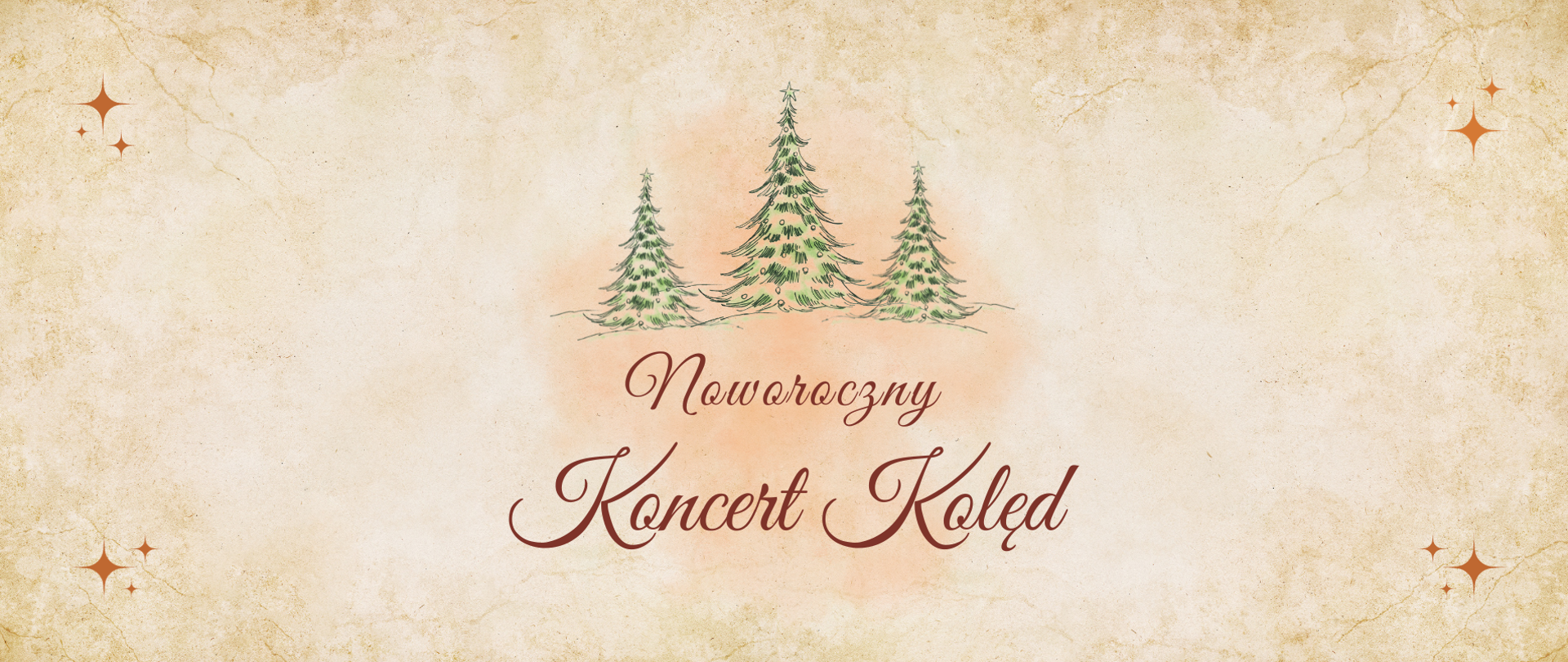 Na beżowym tle o strukturze papieru od góry trzy choinki, napis Noworoczny Koncert Kolęd oraz informacje o miejscy i terminie wydarzenia. W rogach plakatu pomarańczowe gwiazdki.