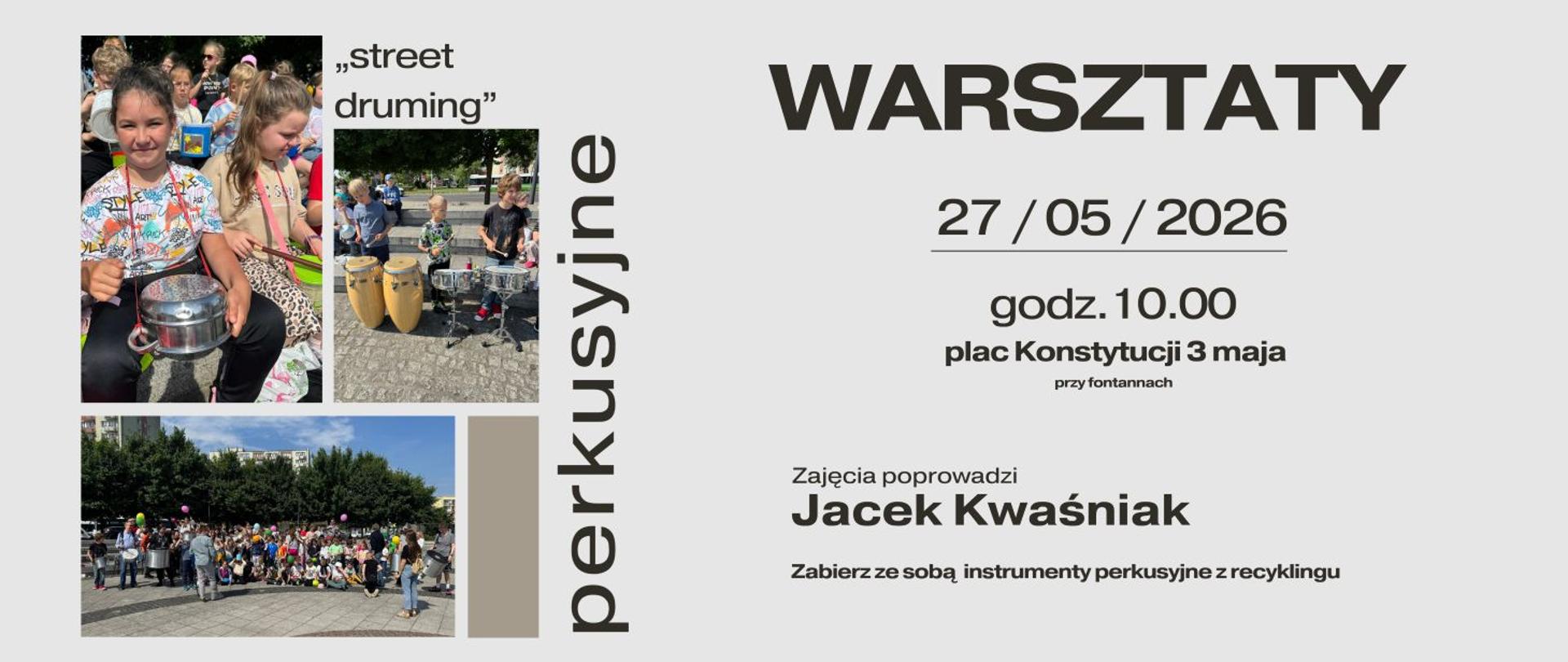 Na szarym tle trzy kolorowe zdjęcia a na nich dzieci z balonami i perkusyjnymi instrumentami muzycznymi.