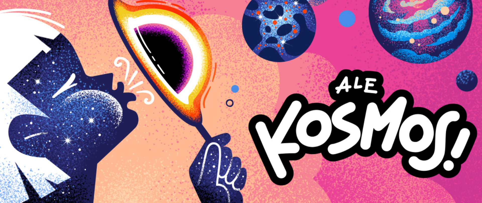 na zdjęciu widnieją grafiki planet. Po prawej stronie widoczny jest duży napis ALE KOSMOS. 