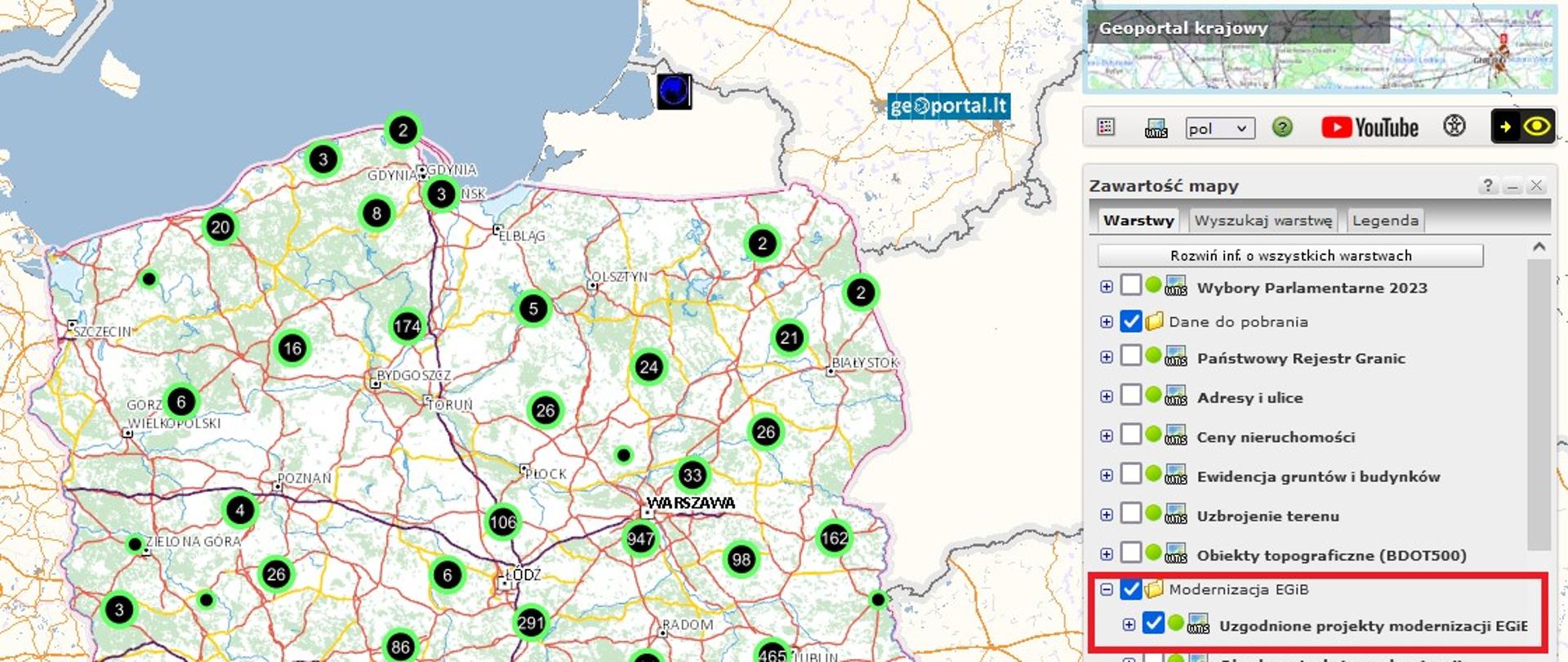 Ilustracja przedstawia zrzut ekranu z serwisu www.geoportal.gov.pl prezentujący warstwę Uzgodnione projekty modernizacji EGiB