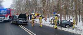 Uszkodzony samochód osobowy stoi w rowie przy lesie na drodze stoi uszkodzony samochód osobowy i pojazdy ratownicze i ratownicy.