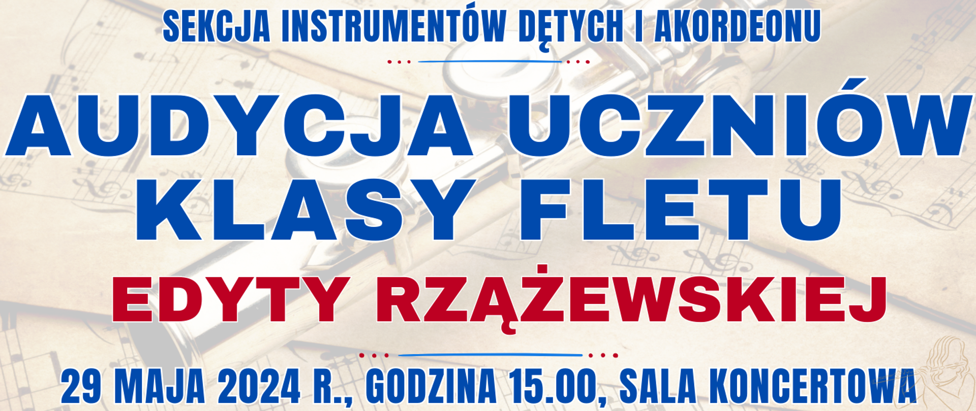 kolorowe tło z fletem poprzecznym leżącym na nutach oraz informacja o wydarzeniu