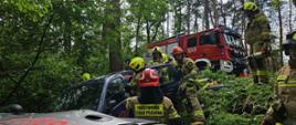 strażacy podczas ćwiczeń związanych z wypadkiem drogowym w lesie, w tle pojazd pożarniczy