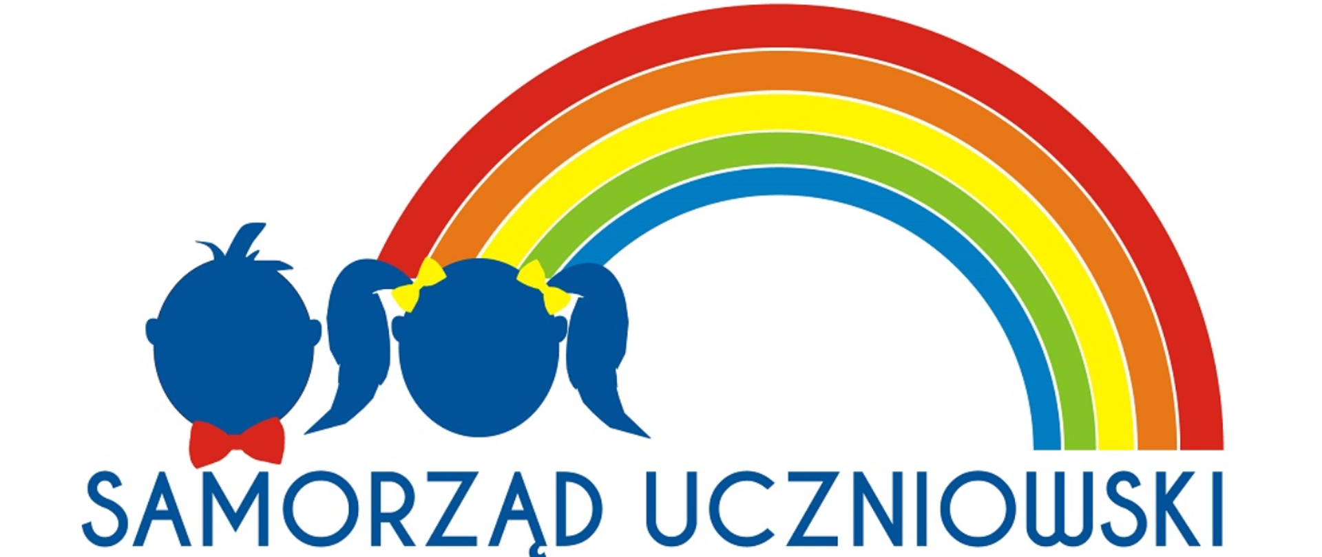 Na białym tle z lewej strony niebieski cień przypominający głowę chłopca z czerwoną muszką oraz głowę dziewczynki z dwoma kucykami i żółtymi kokardkami. U dołu obrazka niebieski napis "samorząd uczniowski" W górnej części kolorowa tęcza.