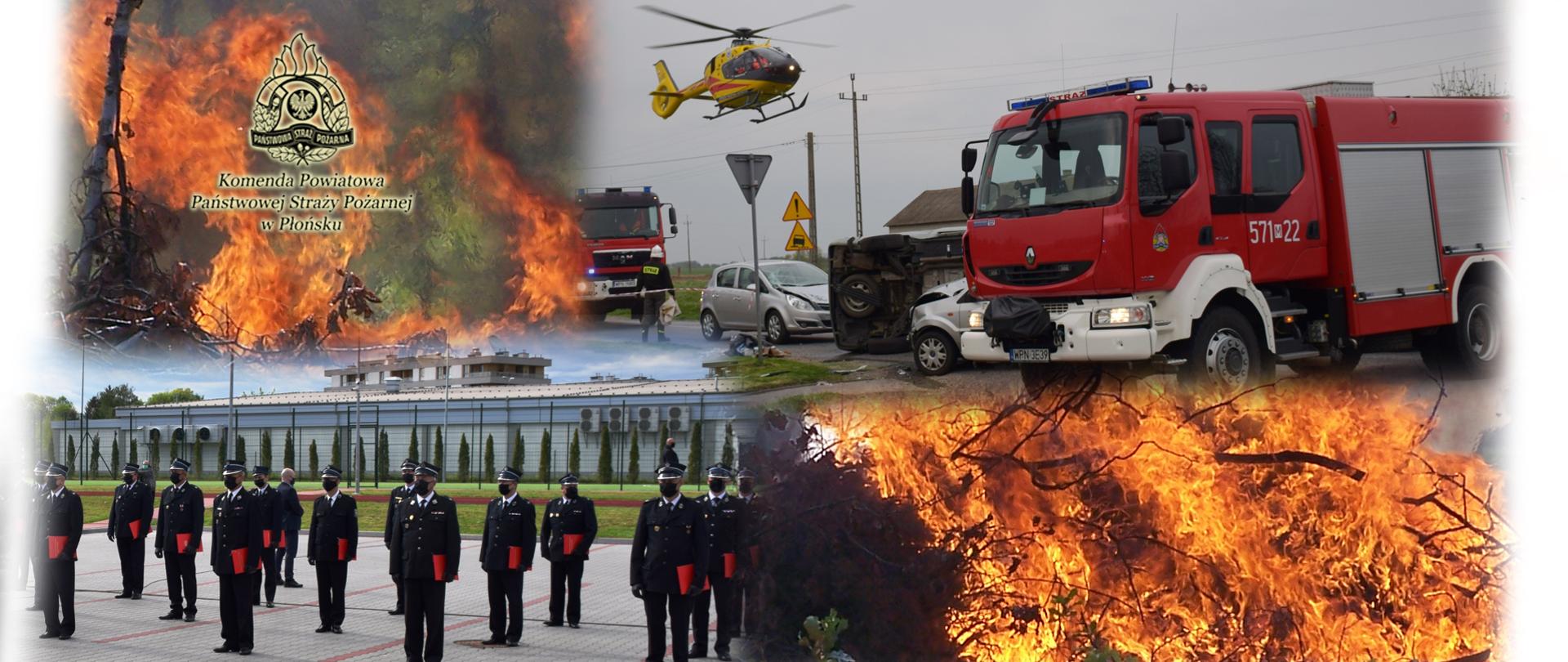 Zdjęcie złożone z czterech fotografii. U góry z lewej - logo KP PSP Płońsk na tle pożaru lasu, z prawej samochód ratowniczo - gaśniczy, u dołu z lewej strażacy w szyku koronawirusowym, z prawej pożar lasu.