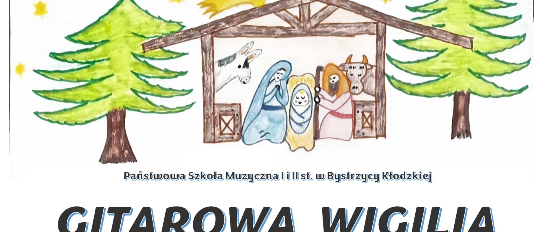 Zdjęcie przedstawia zaproszenie na gitarową wigilię, która odbędzie się dnia 21 grudnia 2023r. o godzinie 18:00 